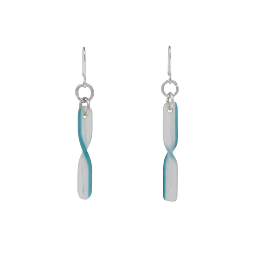 A pair of light blue hook earrings. They are made with a slightly transparent acetate material, twisted in the middle.